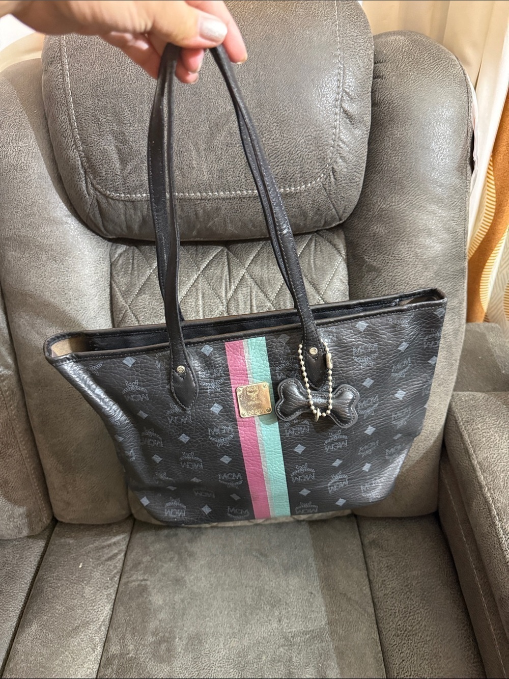 MCM Black Canvas Tote with Pink and Mint Center Stripes